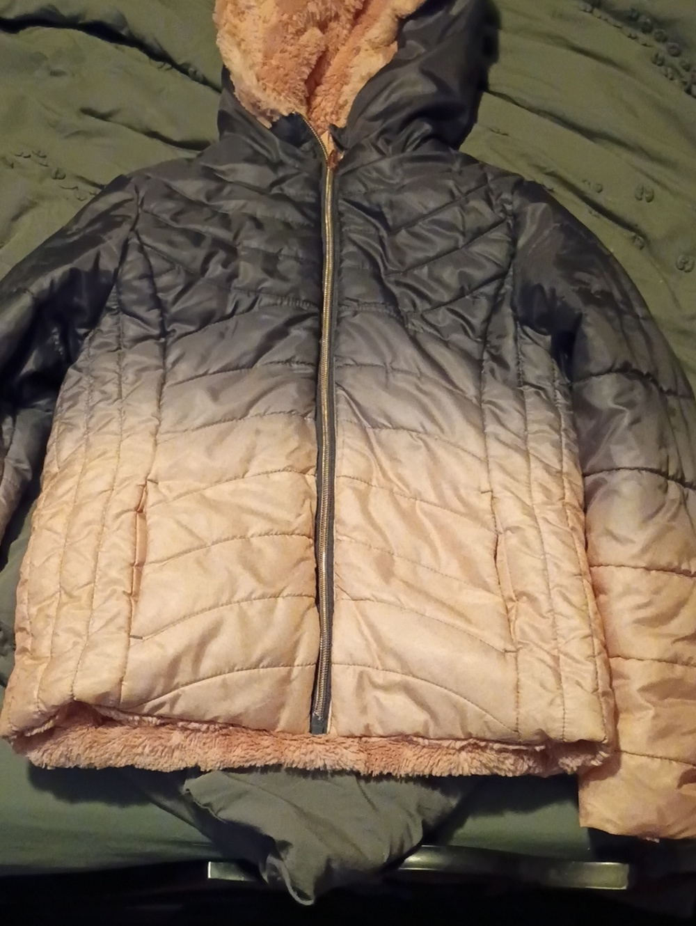 Girls Ombre Quilted Puffer Jacket with Faux Fur Trim - Pink and Gray Reversible